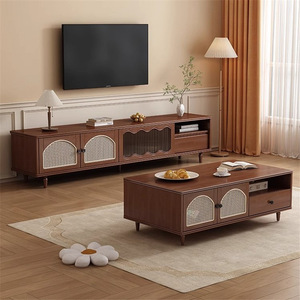 Meuble TV et table basse en bois massif de style vintage avec rangement pour salon et usage domestique - Product Image 3