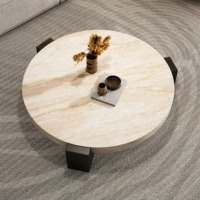 Tables basses rondes italiennes OEM ODM, style nordique moderne, meubles de salon, base en bois de frêne massif, plateau en marbre travertin