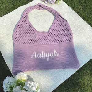 Crochet Embroidered Personalized Bridal <b>Party</b> Tote <b>Bag</b> with Custom Name Polyester Fresh <b>Sweet</b> Style for Summer Wedding Favor - Product Image 6