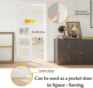 36 pouces. X 84 pouces. <span class=keywords><strong>Porte</strong></span> <span class=keywords><strong>coulissante</strong></span> de grange en verre trempé avec rail caché en aluminium miroir, 5 lumières égales avec verre dépoli - Product Image 2