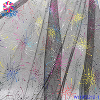 Tissu en maille warp en polyester doré imprimé feu d'artifice, design textile brillant pour vêtements, robes de scène et vêtements de nuit