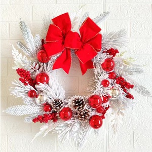LINGKAI Pre-lit Flocked Christmas Wreath With Red Bow Berries Pine Cones <b>LED</b> <b>Light</b> Front Door Christmas Wall Decor - Product Image 5