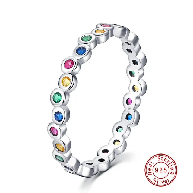 S925 En Argent Sterling Mariage Fiançailles Coeur Rond Arc-En-Ciel Zircon Bague pour Les Femmes