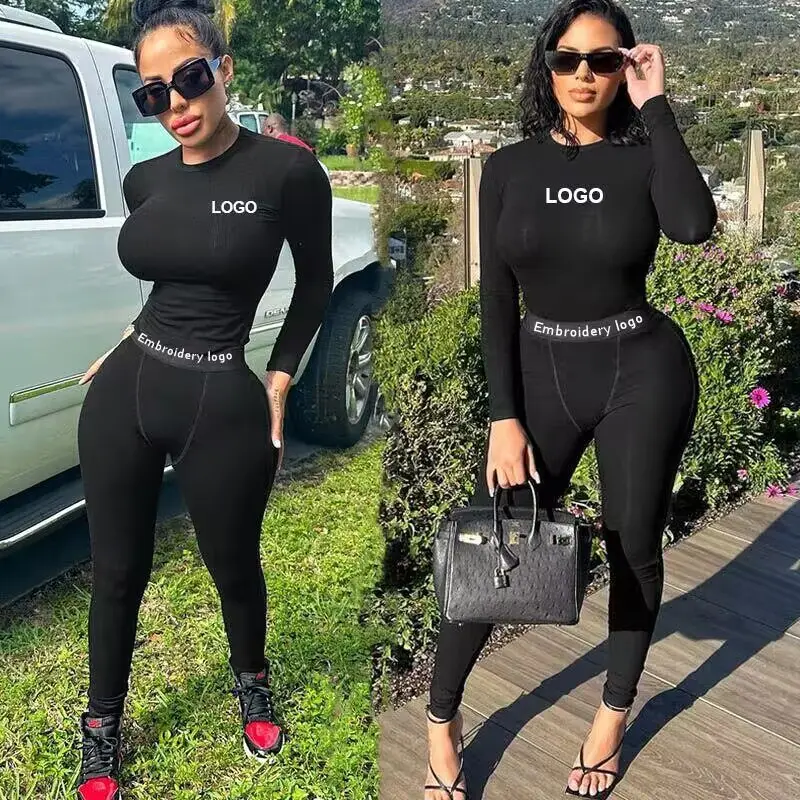 Custom Logo women clothing Women's 2 Pieces Outfits solid ribbed Cropped Long Sleeves Shirt Legging Pants Set Sweatsuit Set