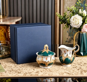 Ornate Emerald Green Gold Relief <b>Bone</b> <b>China</b> Creamer And Sugar Bowl <b>Set</b> For Tea Service - Product Image 2