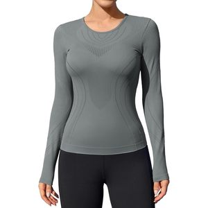 Haut thermique à manches longues pour femme FOXA, sans couture, col rond froncé, coupe ajustée, vêtements de yoga, vêtements d'hiver - Product Image 1
