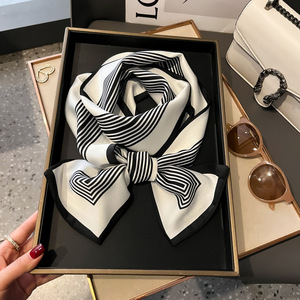 ผ้าพันคอไหมซาตินลายดอกไม้ ลายทาง ลายม้า สำหรับผู้หญิง ดีไซน์แฟชั่น ผ้าสองชั้น ขนาด 150*17 ซม. - Product Image 2