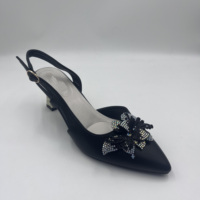 Sepatu Hak Tinggi Wanita Elegan PU Berhiaskan Rhinestone Kupu-kupu Kristal AB Ujung Runcing Slingback Hak Blok Berlian Sandal Pesta