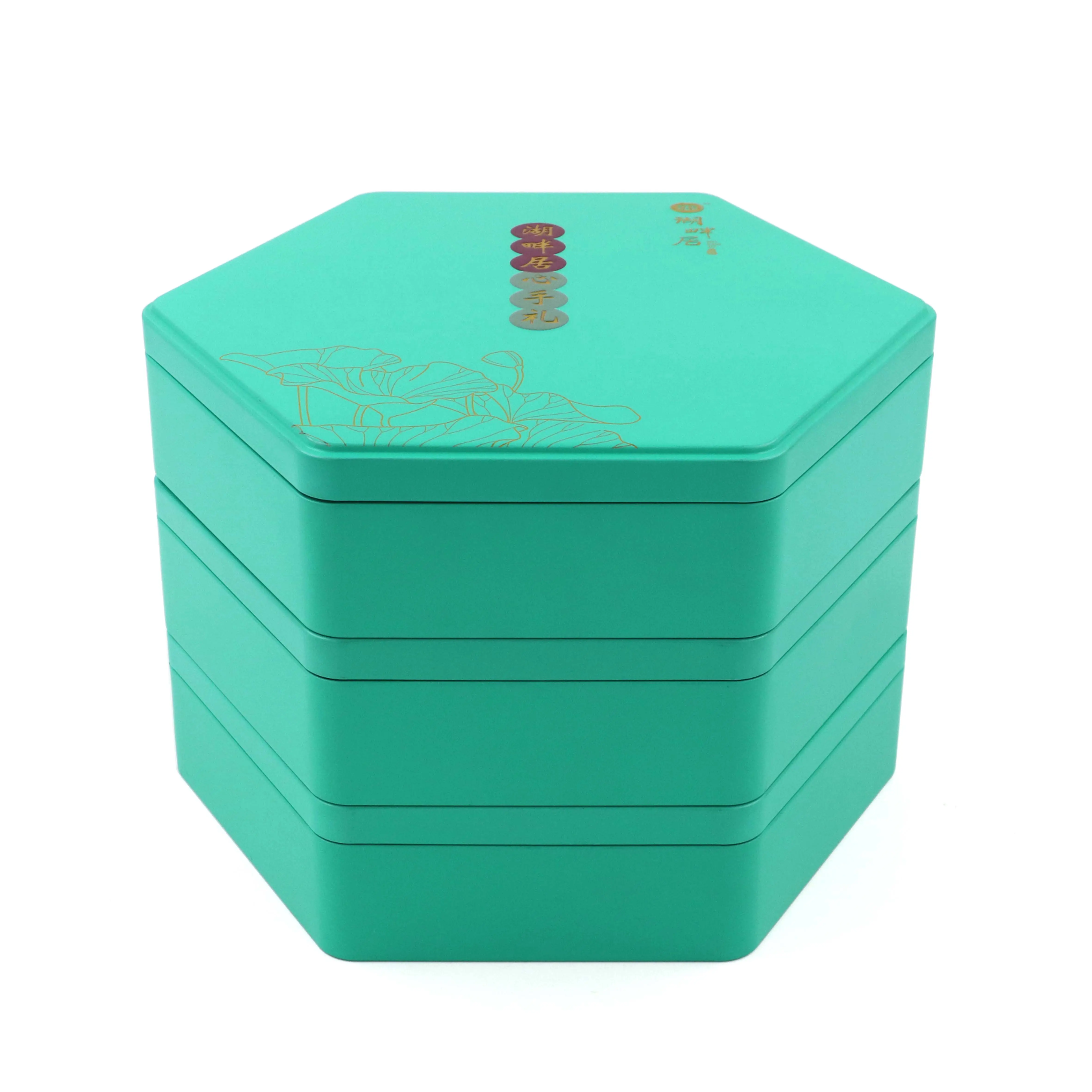 Индивидуальные шестиугольные банки для канистр, коробка для пищевых продуктов в стиле ретро, большие домашние жестяные банки, рекламная металлическая пустая упаковка для зеленого чая