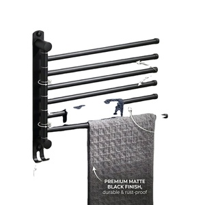Porte-serviettes pivotant moderne mural en acier inoxydable noir avec crochets pour salle de bain, hauteur 7 pouces, design minimaliste - Product Image 1