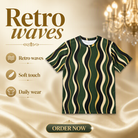T-shirt pour homme en popeline 3D AOP 100% polyester vert forêt à rayures ondulées, séchage rapide, respirant, col rond, prêt à être expédié avec motif