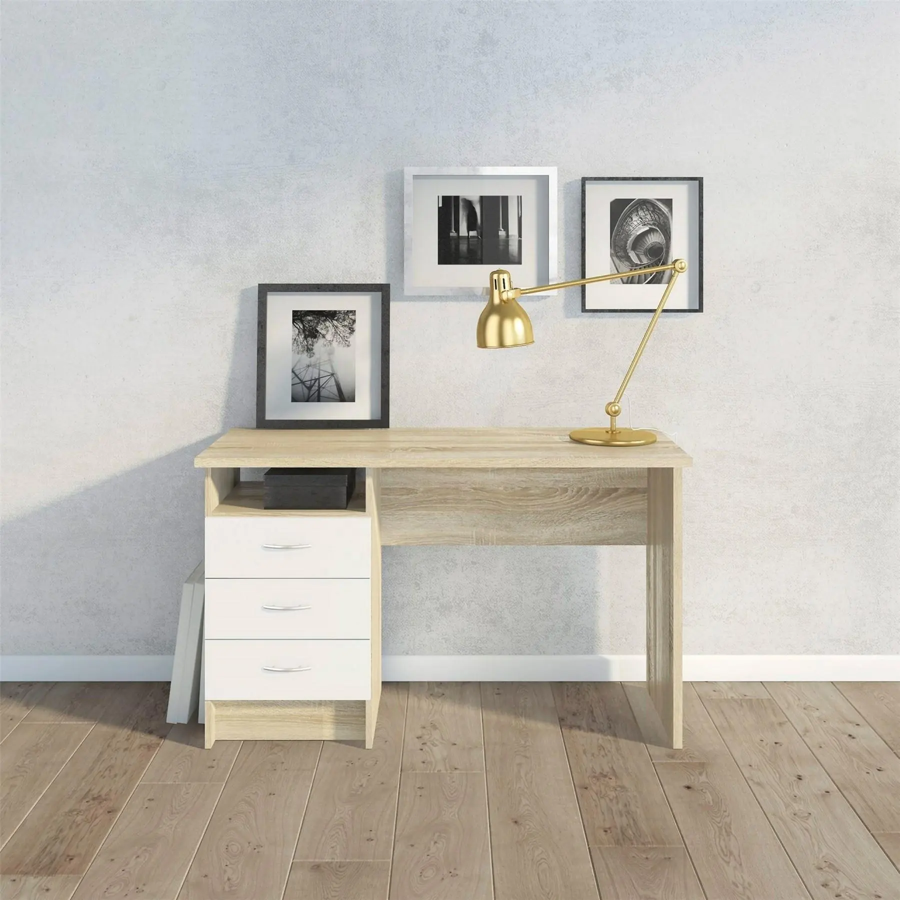 NOVA-muebles 21TPA021 para el hogar, oficina, mesa de dormitorio blanca y Beige, Pc de trabajo, escritorio de madera de melamina con cajón y armario