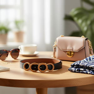 Cinturón de cuero PP con hebilla redonda de imitación de ratán de 5 cm para mujer, accesorio de moda. - Product Image 2