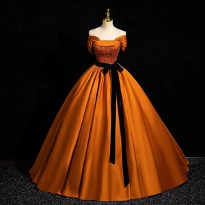 Orange Satin Off Shoulder Tutu Dress Long Skirt Stage Performance Women Adult Evening Gown Solid Color With Label - Product Image 1