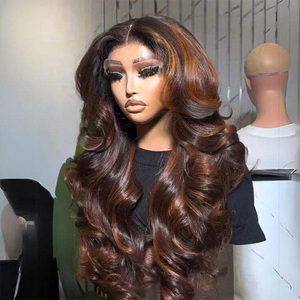 Perruque vietnamienne 1B marron miel avec mèches blondes, double densité, entièrement en dentelle frontale, longue, style ondulé et lisse, dentelle HD - Product Image 1