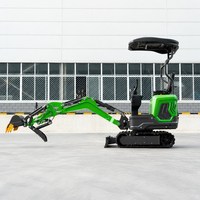 Mini pelle sur chenilles 1,2 tonne avec chenilles en caoutchouc vertes, lame de bulldozer, godet denté et cabine pour jardin et ferme