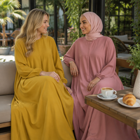 Robe longue ample à col rond, plissée devant, à manches longues, avec poches latérales |   Abaya musulmane quotidienne, tenue islamique décontractée et modeste