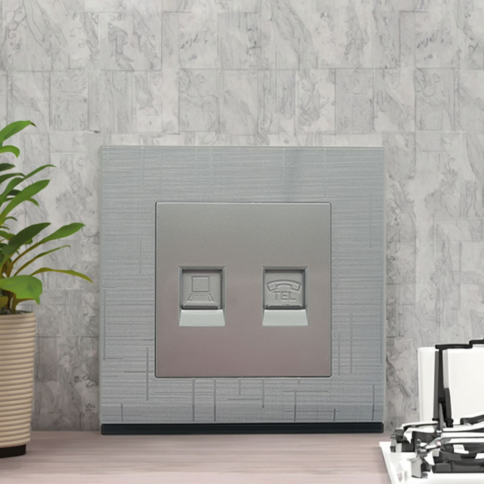 VNX Standard 1 Gang10A Telephone Socket With 1Gang Date Socket RJ45 Silver Brush Meteor Rain Series Electrical Wall Socket