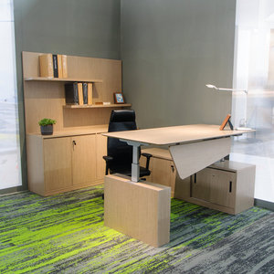 <span class=keywords><strong>Bureau</strong></span> électrique moderne pour cadres avec armoire de rangement latérale, poste de travail assis-debout à double moteur avec panneau et crédence - Product Image 1