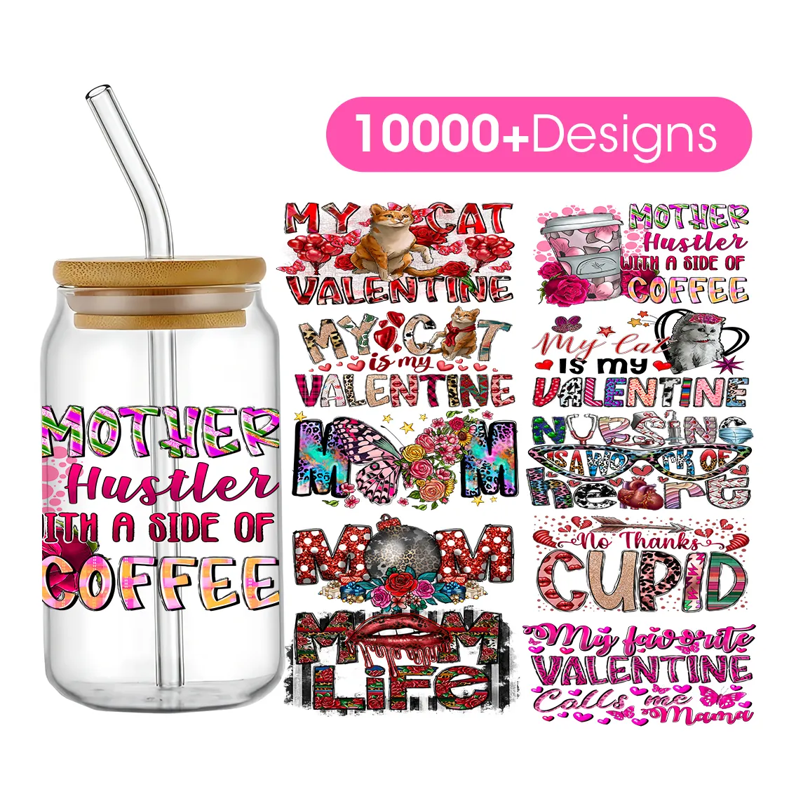 high quality waterproof valentine's uv dtf cup wrap transfers 16oz for mugs glass