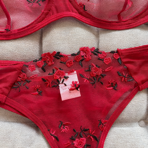 Set di reggiseno sottile ricamato Semi-tentazione in pizzo intimo Sexy intimo trasparente allettante da donna rosso erotico - Product Image 4