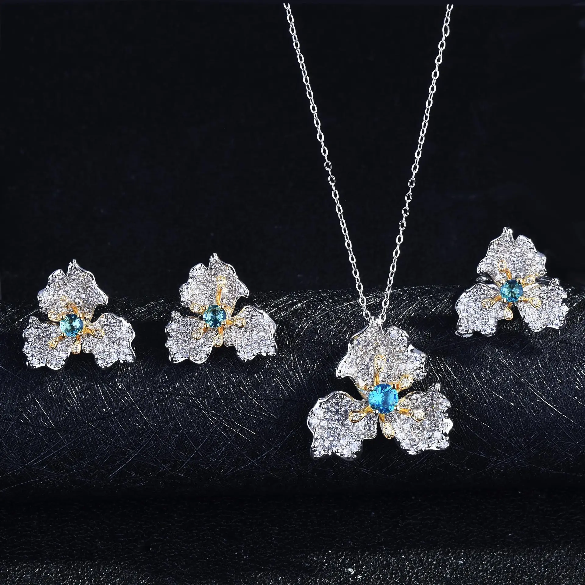 Brazilian Blue Topaz Green Emerald Synthetic Flower Gemstone Joias Jewelry Sets