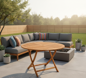 Mesa Redonda Plegable de Teca Moderna de Primera Calidad, Hecha a Mano en Jepara, Ofrece Elegancia Duradera para Exteriores, Ideal para Jardín, Patio, Picnic, Balcón - Product Image 1