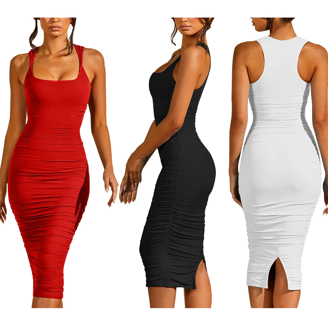 Fashion Casual Square Shaped Neck Ruched Bodycon Sexy Woman Dresses