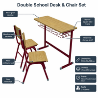 Ensemble bureau et chaise 2 places, plateau en stratifié bois, structure métallique, étagère de rangement en treillis métallique pour salle de classe, maternelle, école primaire, vente en gros