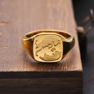 个性化批发价纯金14k动漫戒指图章戒指方形北极熊男士精品珠宝戒指