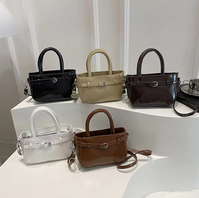 2026 KH New Minimalist Glossy PU Bague*te Shoulder Bag with Top Handles, Wrinkled Leather Crossbody Purse for College Students