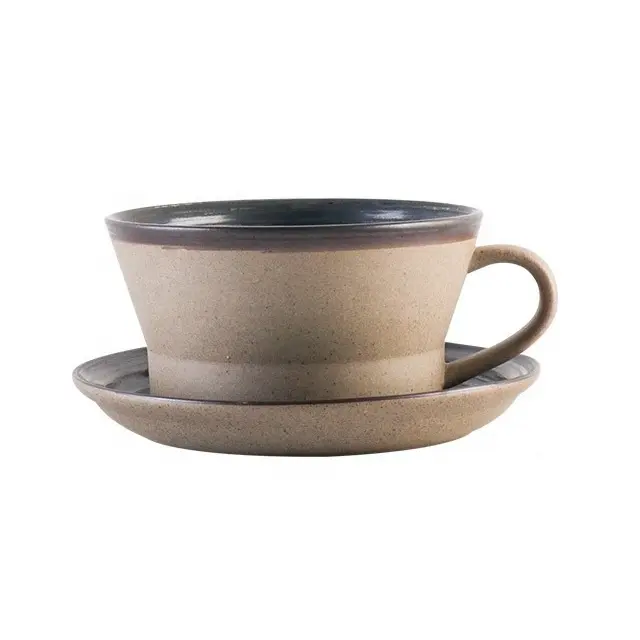 Custom 450 ml 15 oz Tea Cup and Saucer Set Retro Clay Pottery Espresso Latte Coffee Cups Porcelain Ceramic Breakfast Cup Set
