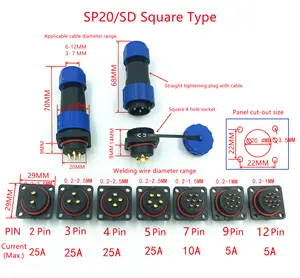 IP68 2ขาอัตโนมัติเสียบซ็อกเก็ต2หลุมชายหญิง SD20ตารางเชื่อมต่อ SP20เชื่อมต่อกันน้ำ