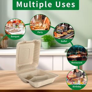 Contenedores de comida para llevar de 8 pulgadas con 3 compartimentos, tipo bento, de almidón de maíz biodegradable y bagazo, para restaurante. - Product Image 5