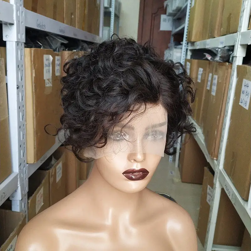 Peluca de cabello humano peruano natural para mujeres negras, pelo corto rizado 13x4x1, corte pixie, bob