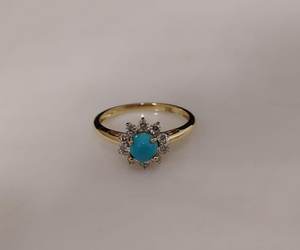 18K Gold Diamond Halo Turquoise <b>Ring</b> Elegant Fine Jewelry For Women Luxury <b>Statement</b> <b>Ring</b> Stylish Daily Wear - Product Image 1