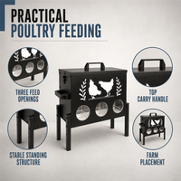 Mangeoire à poulet JH-Mech avec couvercle verrouillable et pieds, capacité de 30 lb, 6 ports, en métal noir