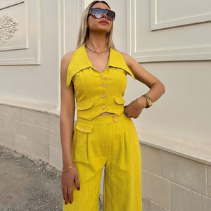 Ensemble Chic d'Été 2026 : Blazer sans Manches à Col Rabattu et <span class=keywords><strong>Pantalon</strong></span> Large – Tenue 2 Pièces Tendance pour <span class=keywords><strong>Femme</strong></span> - Product Image 3