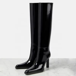 Long Booties <b>Women</b> Knee-High Boots <b>Black</b> Shiny Pointed Toe Chunky Leather <b>Women's</b> <b>shoes</b> Designer Knee-high ladies <b>Shoes</b> - Product Image 1