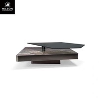 Table basse moderne en verre noir et marbre naturel géométrique à double couche, design élégant, hôtel de luxe, villa, salon