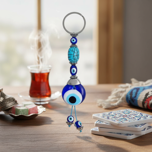 Turquesa en forma de hecho a mano de vidrio mal de ojo encanto cuentas clave cadena Hecho en Turquía - Product Image 3
