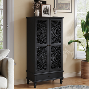 <b>Rustic</b> 55'' Tall Storage <b>Cabinet</b> With Drawer Decorative 2-Door Carved Wood Accent <b>Cabinet</b> Solid Wood Legs Living Room - Product Image 4