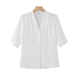 Women's Black V-Neck Shirt With Buttons Solid Color Polyester Poplin Office Wear - Product Image 5