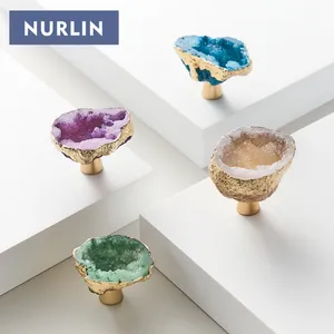 NURLIN Esquelético De Parede De Cristal Gancho De Quartzo Banhado A Ouro Alças Natural Gemstone Armário Gaveta Puxa Maçanetas De Latão Do Armário