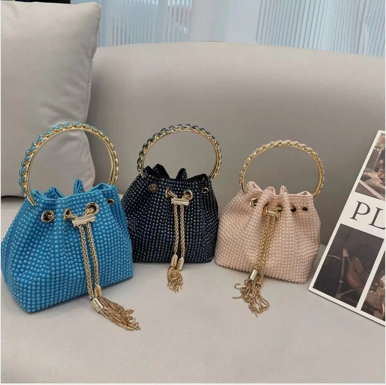 Handbag 2022 New Arrival Drop Shipping Handmade Porcelain Bead Sequin Bucket Bag with Tassel CrossBody Candy Handbags for Girls