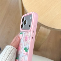 Coque de téléphone antichoc rose en TPU+PC avec motif 3D Fraise et Fleurs, Paillettes Étoilées pour Femmes, compatible iPhone 17 Pro Max, 16, 15, 14 Plus