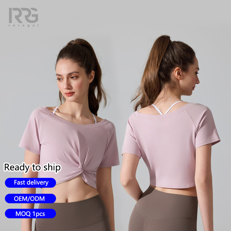 Roregal Yoga Top Women Twist Knotted Short Sleeve Gym Fitness Running Active Wear Tee