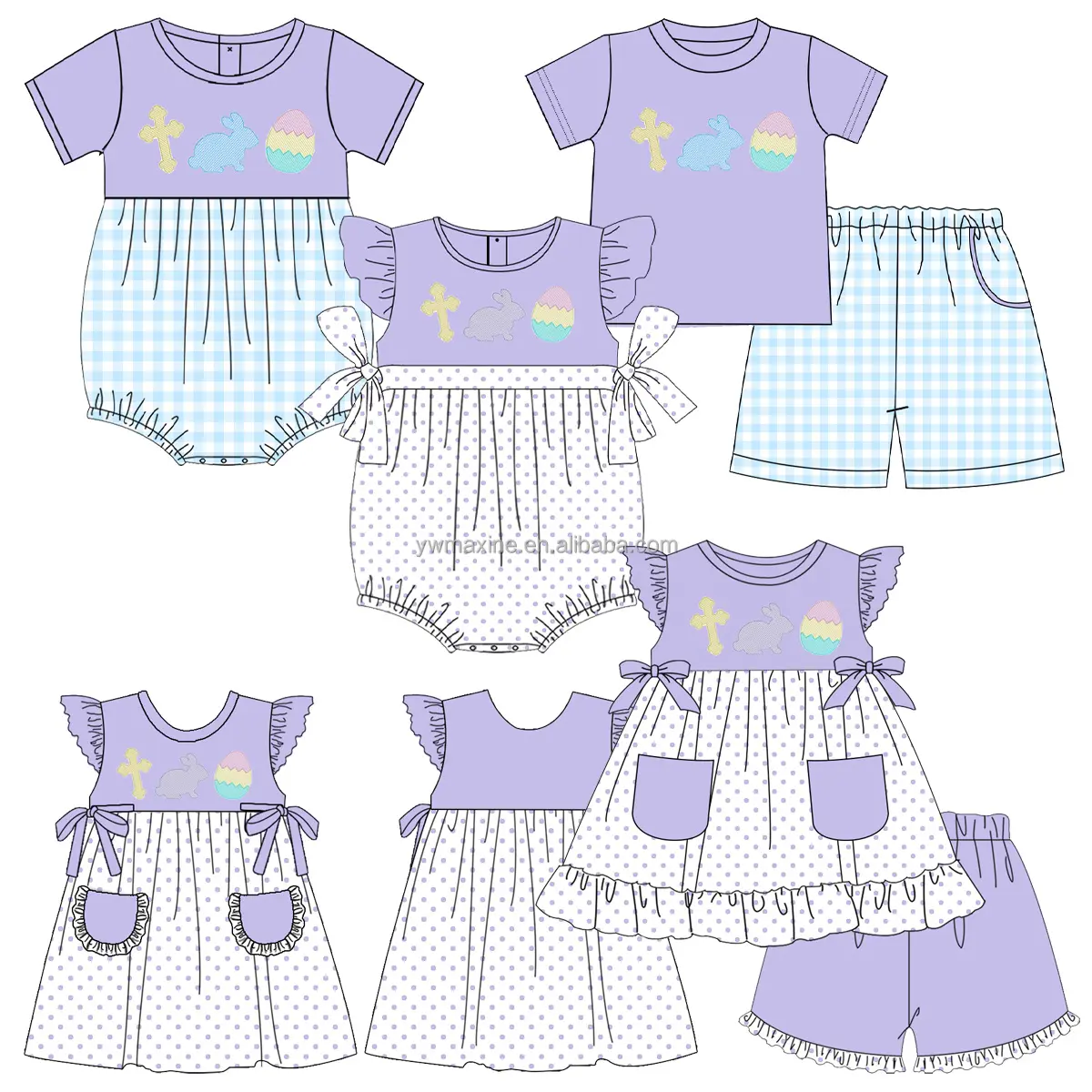 Puresun Easter Kids Clothing Set Bunny French Knot Outfits Flutter Sleeves Ruffles Dress Custom Wholesale Girls Clothing