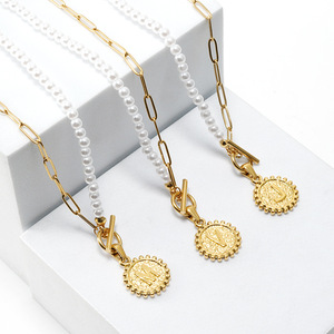 ZOGXIN Pearl Necklace Gold Chain Letter M Pendant Stainless Steel Women's Jewelry Fashion Choker Necklaces - Product Image 2