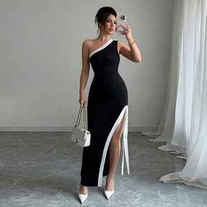 Elegante Vestido Midi Bandage <span class=keywords><strong>Blanco</strong></span> y Negro con Hombro Descubierto y Lazo para Mujer, Ideal para Fiestas y Eventos Nocturnos - Product Image 1